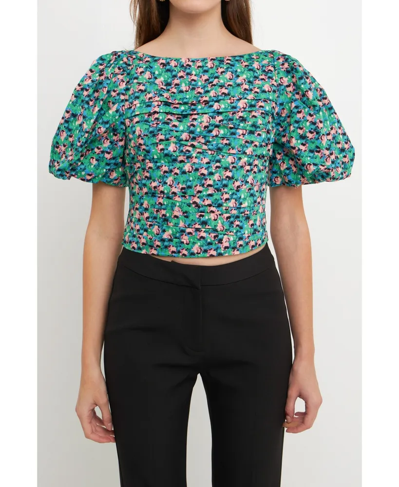 Waist-Defined Ruffle-Trim Floral Top