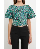 Women's Bright Floral Ruched Poplin Top