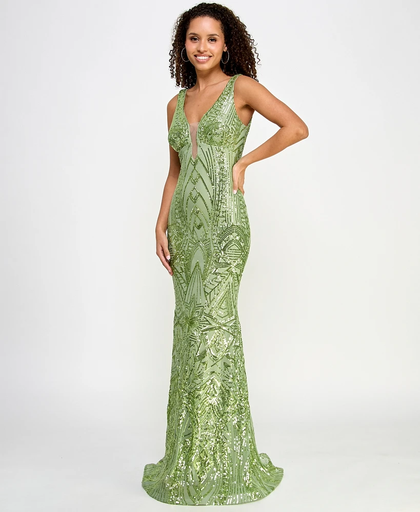 Morgan & Company Juniors' Deep-v Illusion Sequin Gown