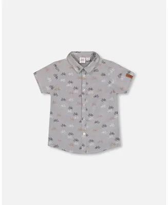 Boy Short Sleeve Chambray Shirt Dark Grey Printed Bicycle