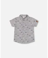 Boy Short Sleeve Chambray Shirt Dark Grey Printed Bicycle - Toddler Child