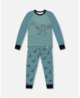 Baby Boy Organic Cotton Long Sleeve Two Piece Pajama Set Teal With Mechanical Dinosaurs Print - Infant