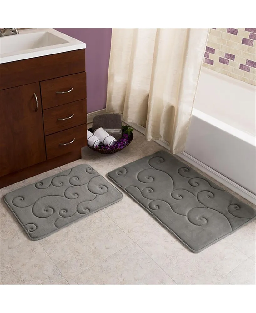 Lavish Home Coral Fleece Embossed Pattern Memory Foam Bath Mat, Platinum - 2 Piece