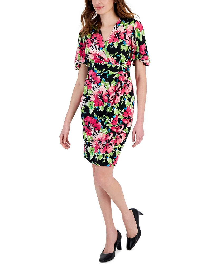 Kasper Petite Printed Flutter-Sleeve Faux-Wrap Dress