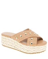 BCBGeneration Women's Gladda Studded Flatform Raffia Slip-On Crossband Wedge Sandals