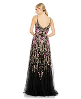 Women's V Neck Floral Embellished Spaghetti Strap Gown