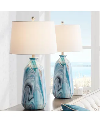 Carlton Modern Coastal Table Lamps 28" Tall Set of 2 Swirling Blue Faux Marble White Tapered Drum Shade for Bedroom Living Room House Home Bedside Nig