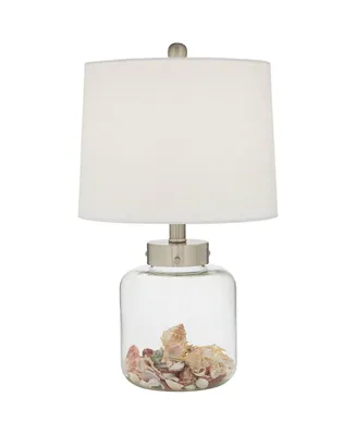 Nautical Coastal Accent Table Lamp Fillable 20.5" High Clear Glass Sea Shells Off White Linen Fabric Drum Shade for Living Room Bedroom Beach House Be