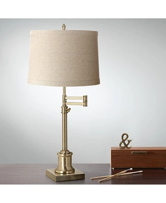 Westbury Traditional Swing Arm Desk Table Lamp Adjustable 36" Tall Antique Brass Natural Linen Drum Shade for Living Room Bedroom House Bedside Nights