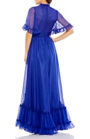 Women's Ruffled High Neck Flutter Sleeve Low Hem Gown