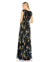 Women's Pleated Floral Cap Sleeve A Line Gown