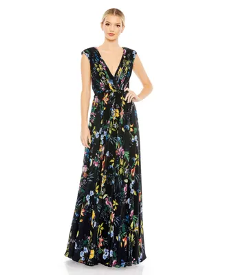 Women's Pleated Floral Cap Sleeve A Line Gown