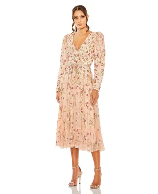 Women's Floral Embellished Wrap Over Puff Sleeve A Line Gown