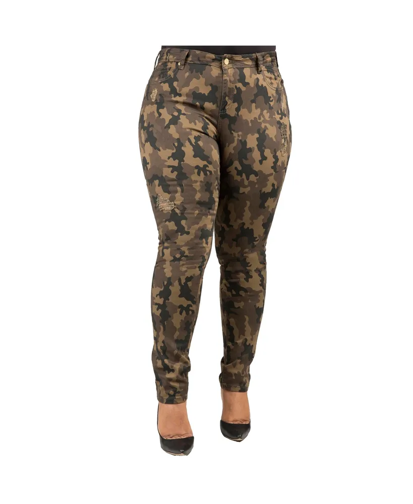 Poetic Justice Women's Tall Plus Size Curvy-Fit Camo Destroyed Skinny Jeans