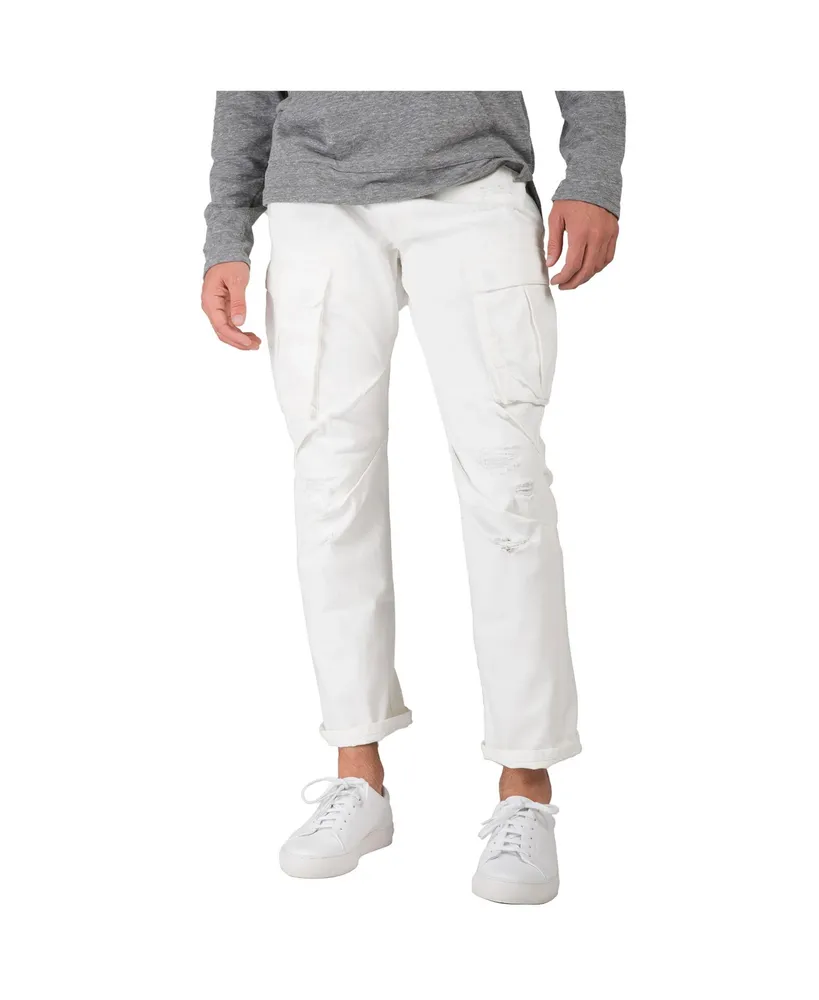 Men's Premium White Jeans Slim Straight Distressed Cargo Side Pockets