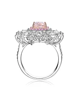 Genevive Sterling Silver White Gold Plated Radiant Pink with Clear Cubic Zirconia Halo Ring