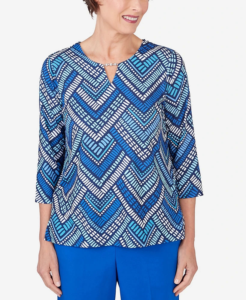 Alfred Dunner Women's Tradewinds Geometric Tile Split Neck Top