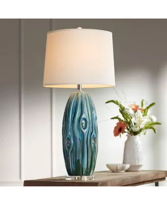 Eneya Modern Coastal Modern Table Lamp 31" Tall Ceramic Blue Green Swirl Glaze Neutral Oval Shade for Living Room Bedroom Beach House Bedside Home Off