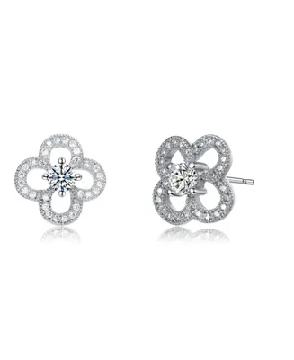 Elegant White Gold Plated with Clear Cubic Zirconia Flower Shaped Stud Earrings