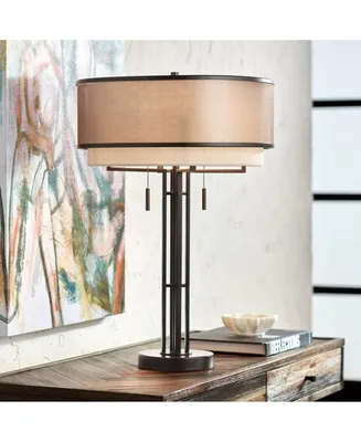 Andes Modern Industrial Table Lamp 27 1/2" Tall Oil Rubbed Bronze Brown Metal Stacked Double Fabric Drum Shade for Bedroom Living Room House Home Beds