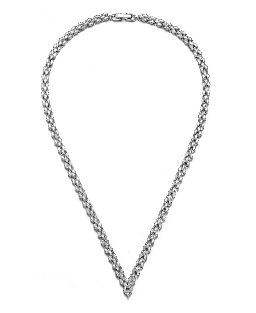 Sterling Silver with White Gold Plated Clear Marquise Cubic Zirconia Three-Row Necklace