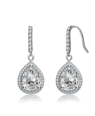 White Gold Plated Vintage like Elegance Cubic Zirconia Raindrop Pear Halo Dangle Earrings