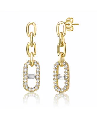 Classic 14k Yellow Gold Plated with Cubic Zirconia Triple Chain Mariner Anchor Link Drop Earrings