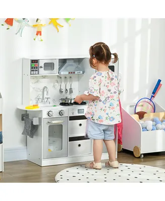 Qaba Play Kitchen Set for Kids W/ Lights Sounds, Apron and Chef Hat, White