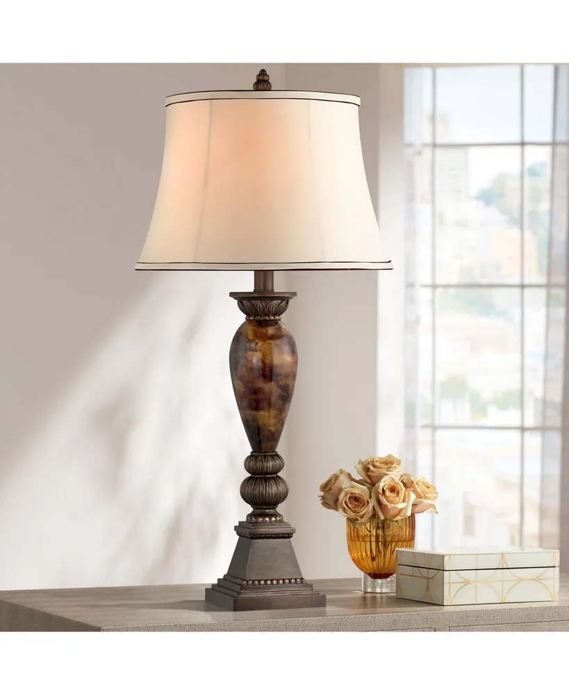 Mulholland Traditional Vintage like Table Lamp 33" Tall Aged Bronze Golden Faux Marble Off White Bell Shade for Living Room Bedroom House Bedside Nigh