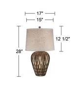 Bulkhead Modern Table Lamp 28" Tall Warm Bronze Brown Geometric Textured Urn Tapered Fabric Drum Shade for Bedroom Living Room House Home Bedside Nigh