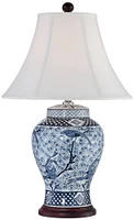 Shonna Asian Chinese Ginger Jar Table Lamp 27" Tall Porcelain Blue White Bird and Branch Bell Shade Decor for Living Room Bedroom House Bedside Nights