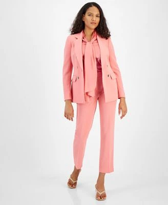 Bar Iii Womens Textured Crepe One Button Blazer Satin Bow Blouse Textured Crepe Straight Leg Ankle Pants Created For Macys