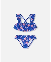 Girl Two Piece Swimsuit Royal Blue Printed Pink Lemon