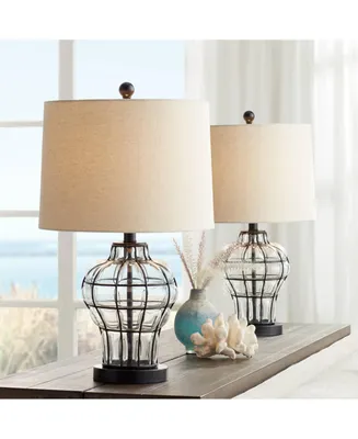 Hudson Rustic Coastal Table Lamps 23" High Set of 2 Dark Bronze Clear Blown Glass Gourd Burlap Fabric Drum Shade for Living Room Bedroom House Bedside