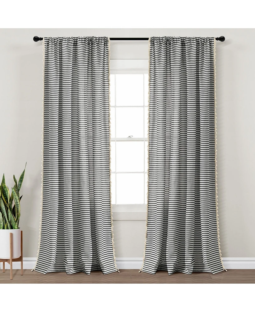 Boho Coastal Horizontal Ticking Stripe Tassel Window Curtain Panels