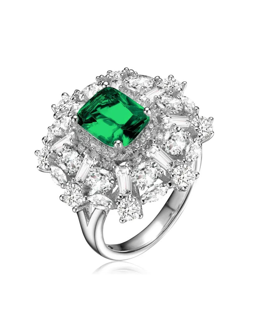 Sterling Silver White Gold Plated with Emerald Square Cubic Zirconia with Cubic Zirconia's Petals Flower Ring