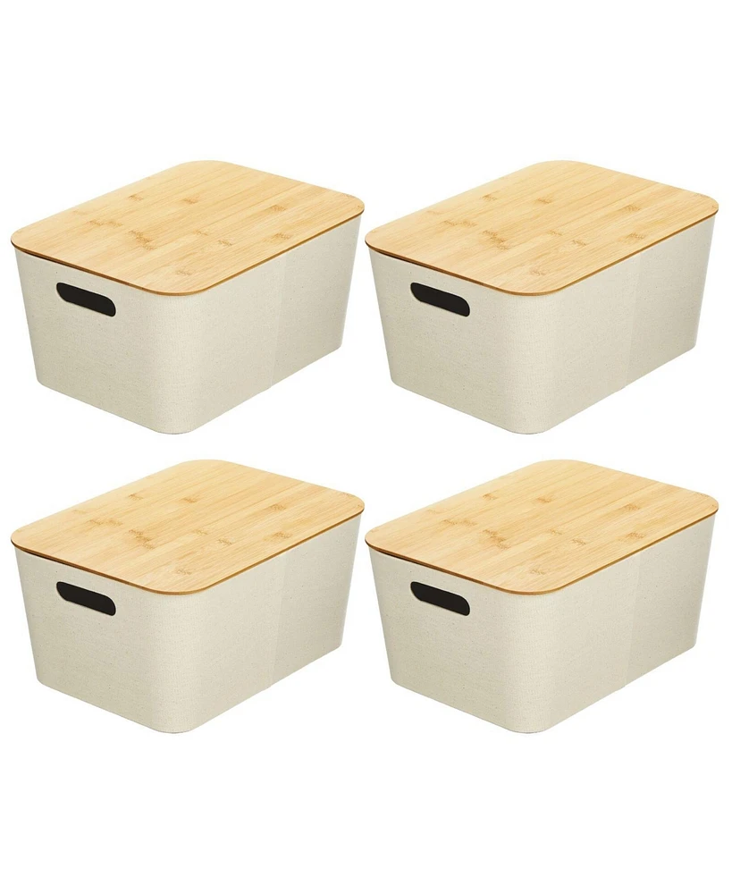 mDesign Modern Stackable Fabric Covered Bin with Bamboo Lid, 4 Pack, Cream/Beige