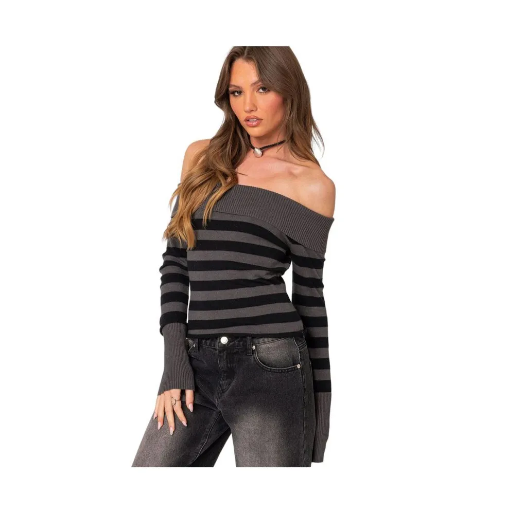 Women's Melody fold over striped sweater - Black-and