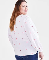 Style & Co Plus Size Cotton Printed Long-Sleeve Top, Created for Macy's