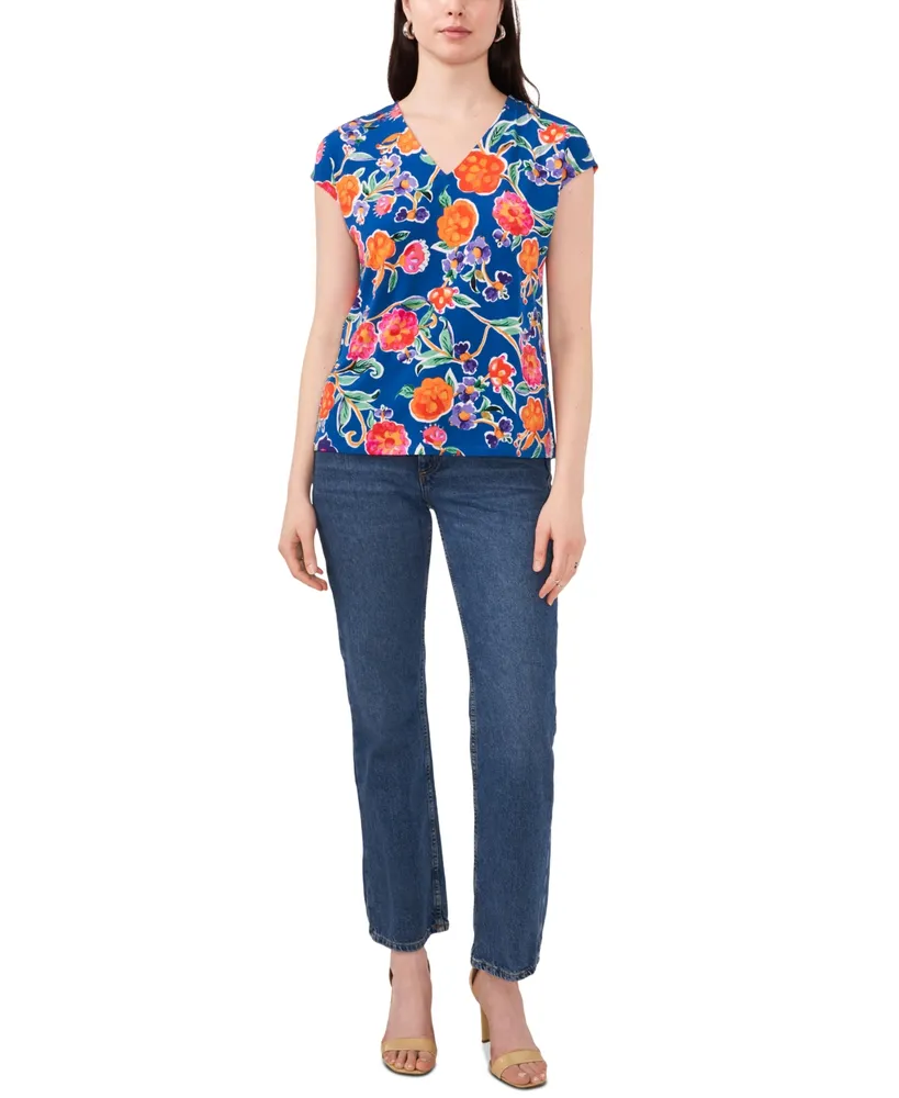 Vince Camuto Women's Floral V-Neck Cap Sleeve Knit Top