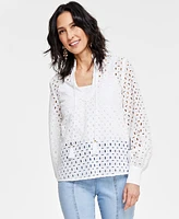 I.n.c. International Concepts Women's Cotton Tie-Neck Eyelet Blouse, Created for Macy's