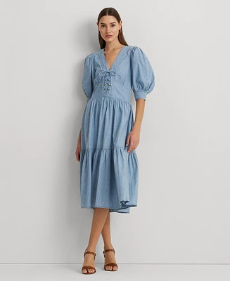 Lauren Ralph Women's Cotton Puff-Sleeve Chambray Dress