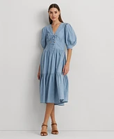 Lauren Ralph Women's Cotton Puff-Sleeve Chambray Dress