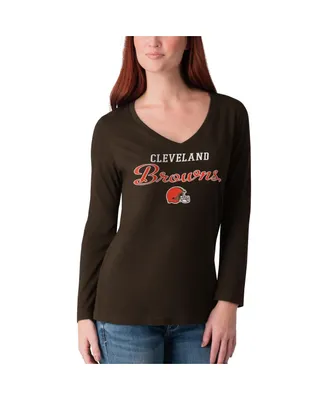 Women's G-iii 4Her by Carl Banks Brown Distressed Cleveland Browns Post Season Long Sleeve V-Neck T-shirt