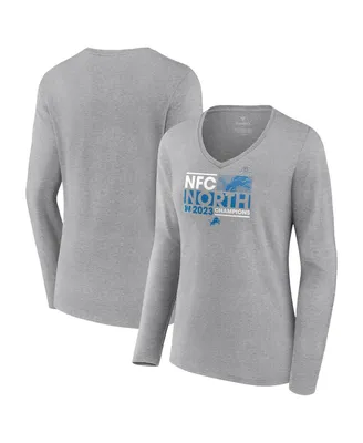 Women's Fanatics Gray Detroit Lions 2023 Nfc North Division Champions Conquer V-Neck Long Sleeve T-shirt
