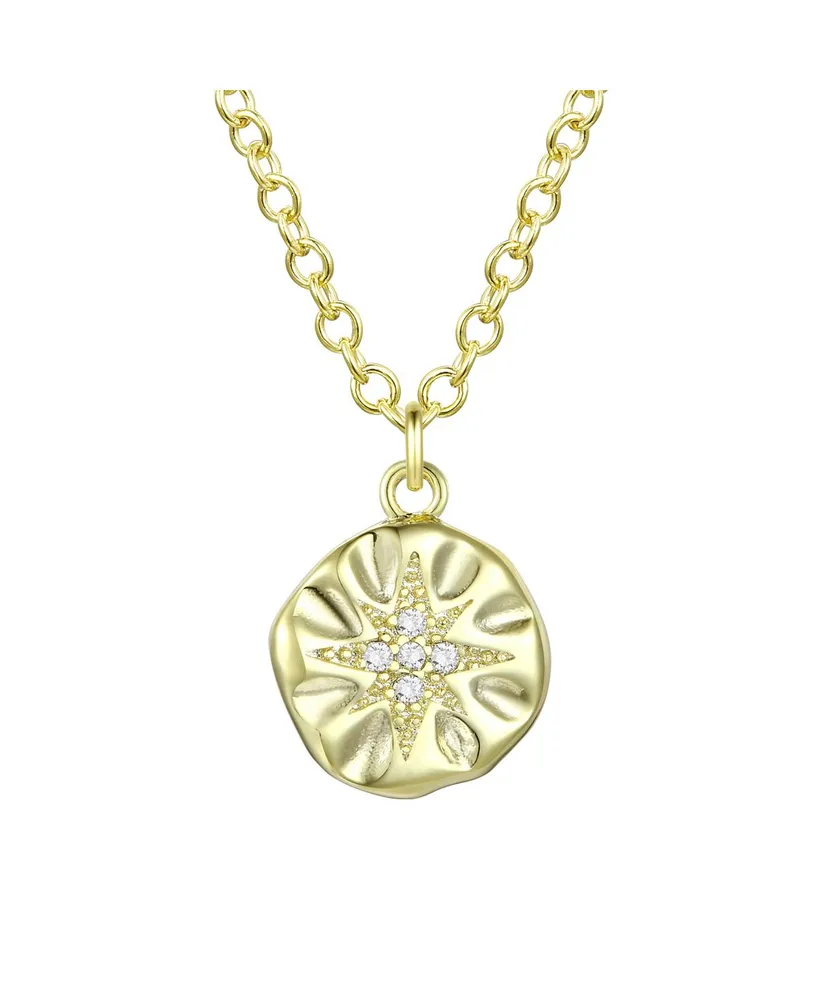 14K Gold Plated With Cubic Zirconia Engraved Round Pendant Necklace