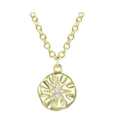 14K Gold Plated With Cubic Zirconia Engraved Round Pendant Necklace