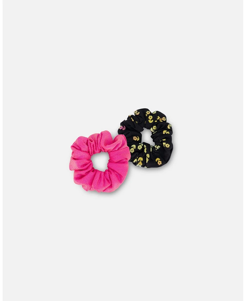 Girl Scrunchies 2-Pack Printed Colored Metallic Flower Print - Toddler|Child