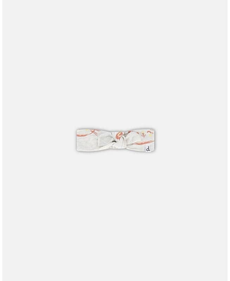 Baby Girl Organic Cotton Headband Heather Beige With Printed Cat - Infant