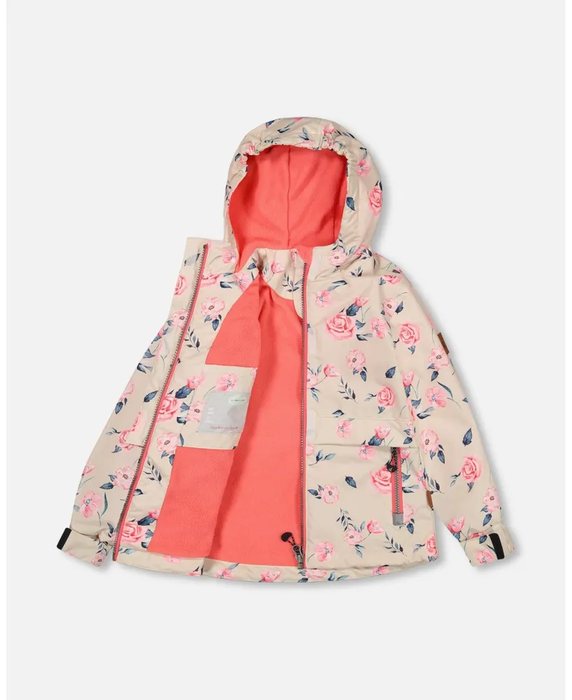 Baby Girl Two Piece Hooded Coat And Pant Mid-Season Set Ivory Printed Flowers Coral - Infant